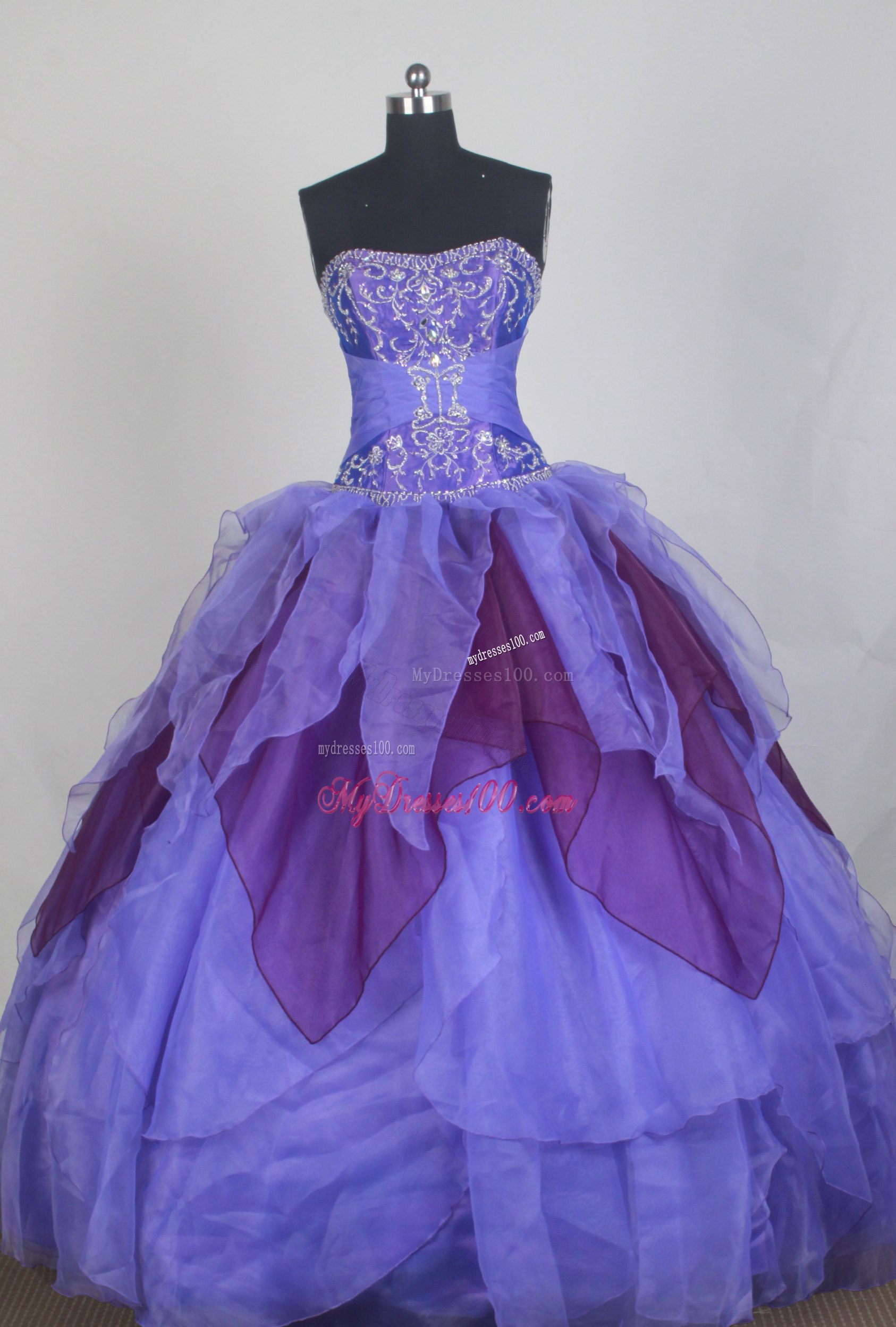 Lavender and Burgundy Quinceanera Gown with Petal Layers