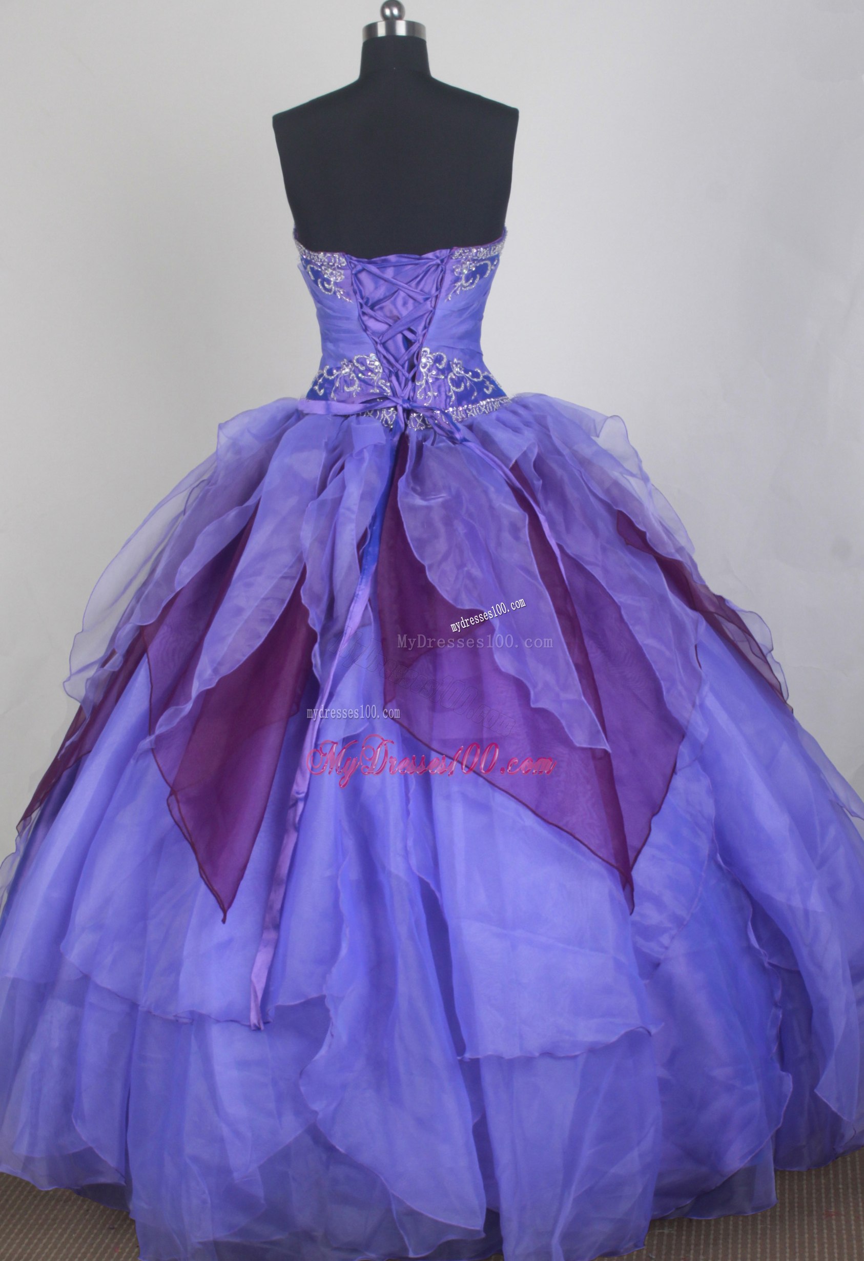 Lavender and Burgundy Quinceanera Gown with Petal Layers