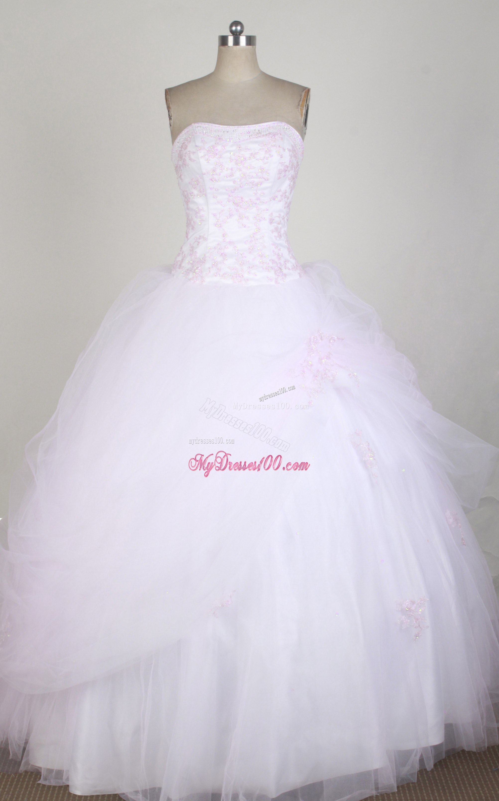 Strapless Appliqued Quinceanera Dress in White and Baby Pink