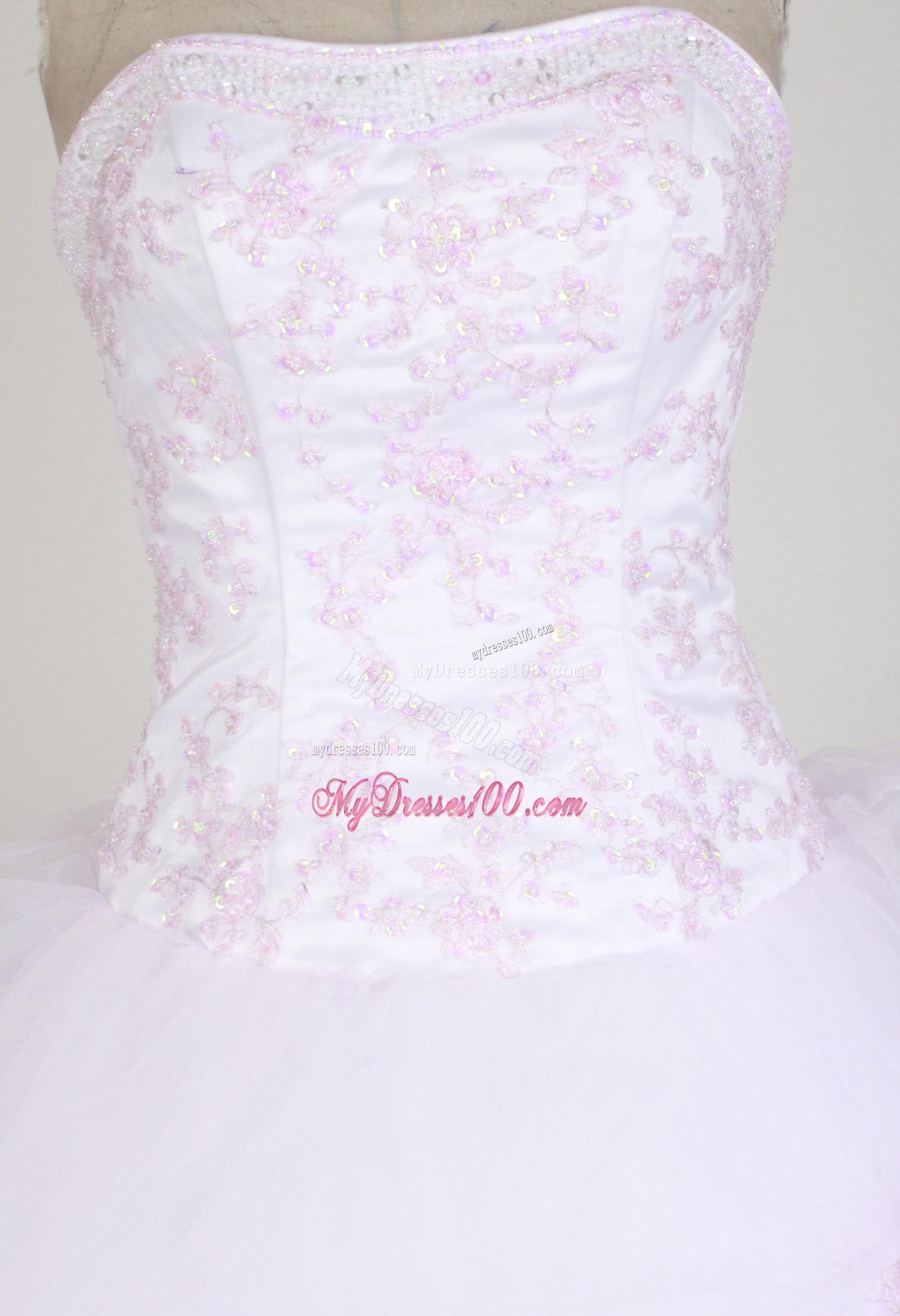 Strapless Appliqued Quinceanera Dress in White and Baby Pink