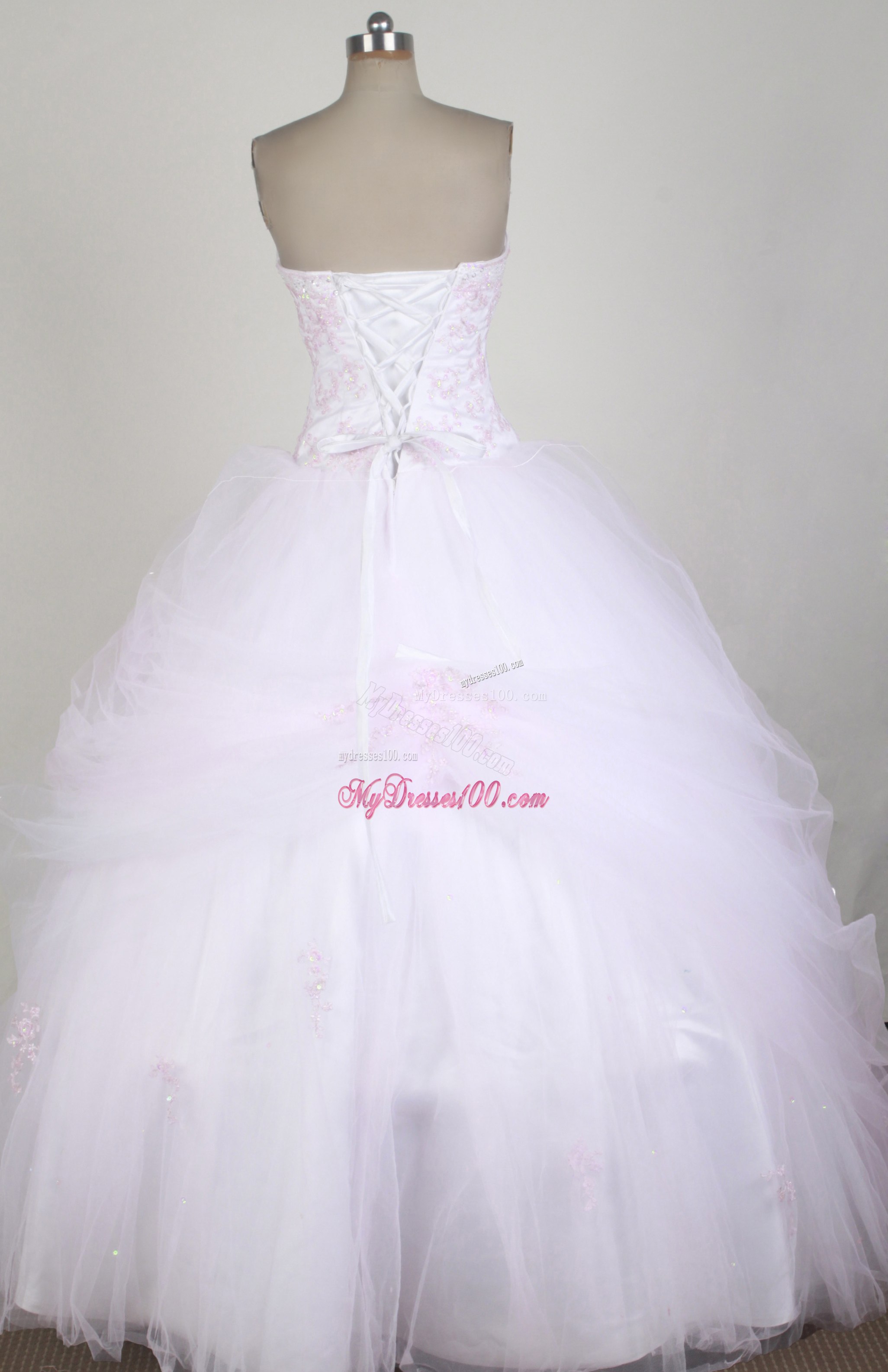 Strapless Appliqued Quinceanera Dress in White and Baby Pink