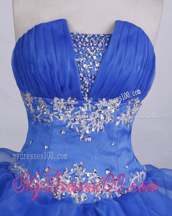 Ruched V-neck Puffy Quince Dress with Pick Ups and Beaded Bust