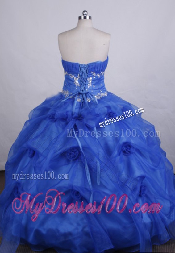 Ruched V-neck Puffy Quince Dress with Pick Ups and Beaded Bust