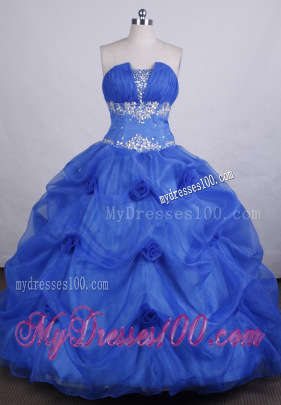 Ruched V-neck Puffy Quince Dress with Pick Ups and Beaded Bust
