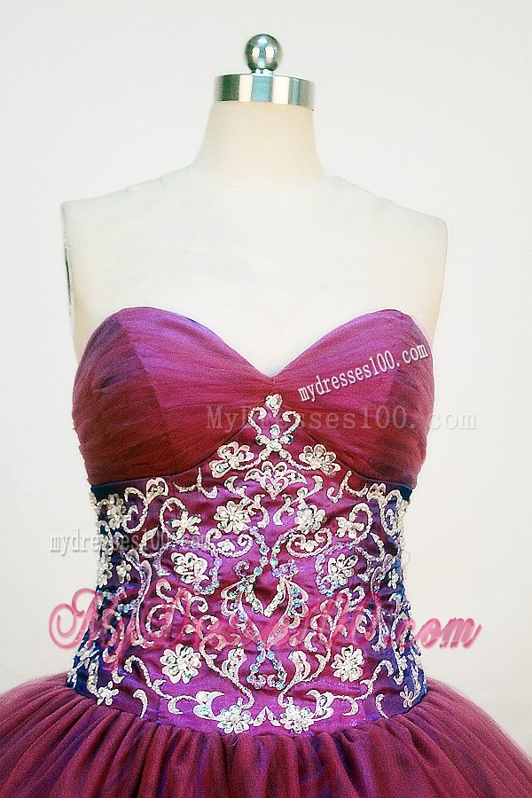 Pretty V-neck Fuchsia Puffy Dresses for Quince with Appliques