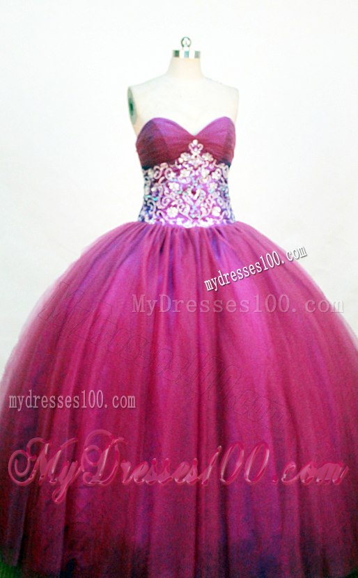 Pretty V-neck Fuchsia Puffy Dresses for Quince with Appliques