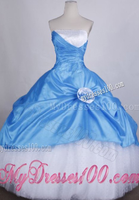 Ruching Diamond and Handle Flowers Decorated Dress for Sweet 15 in White and Blue