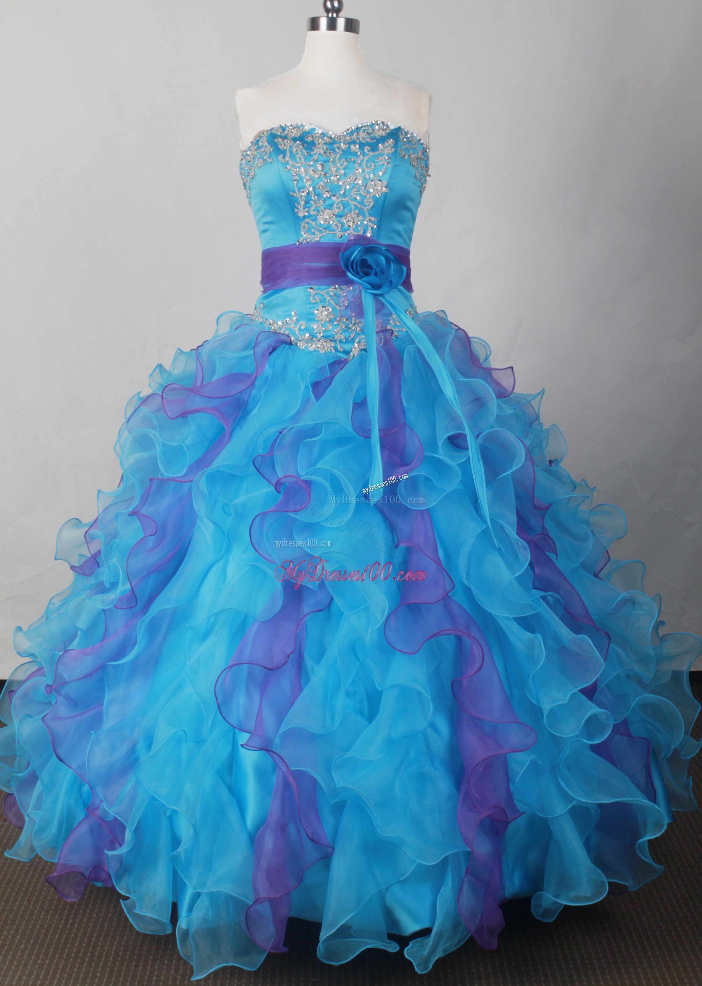 Two-toned Blue Ruffles Quince Dresses with Bowknot and Crystal