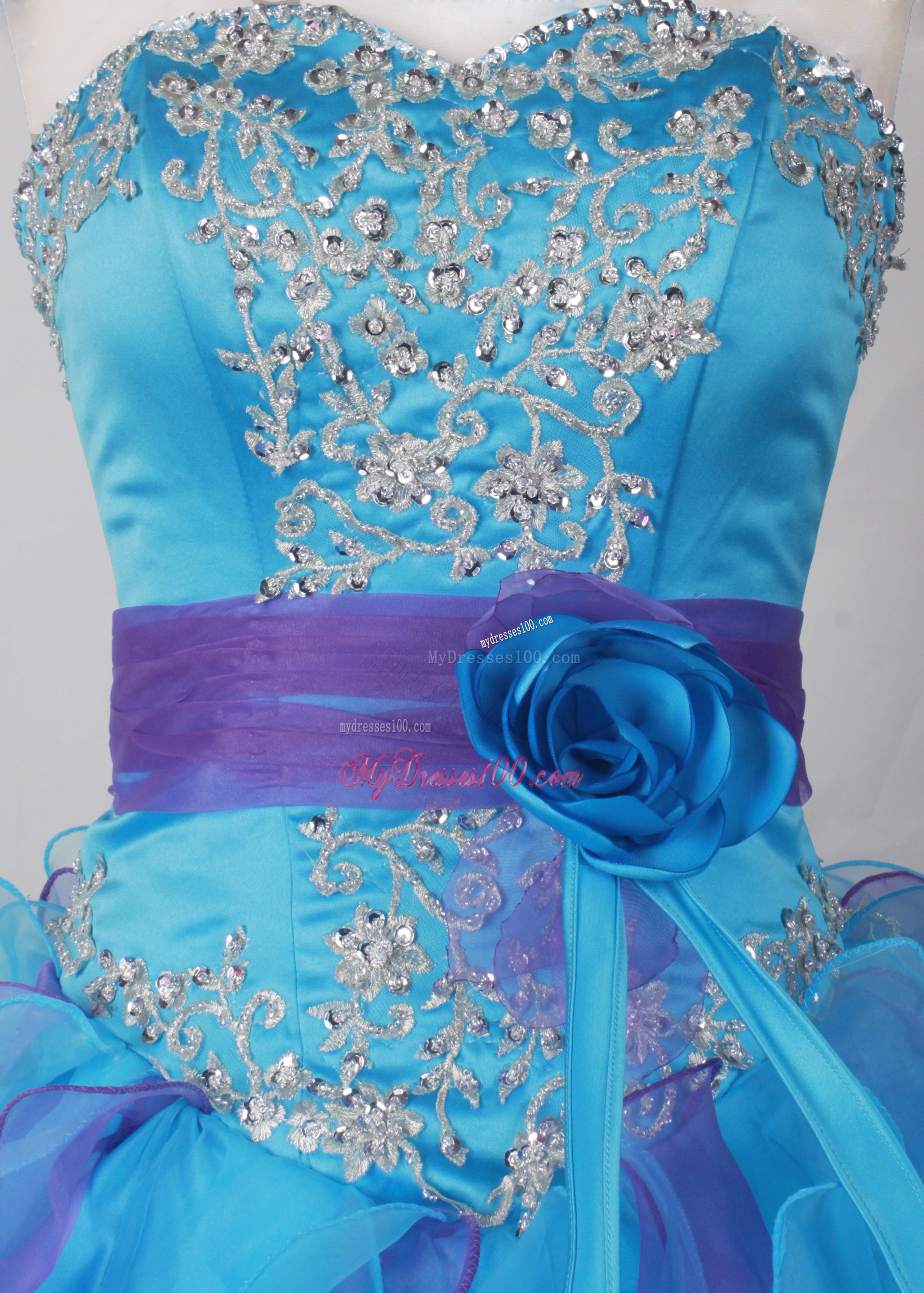 Two-toned Blue Ruffles Quince Dresses with Bowknot and Crystal