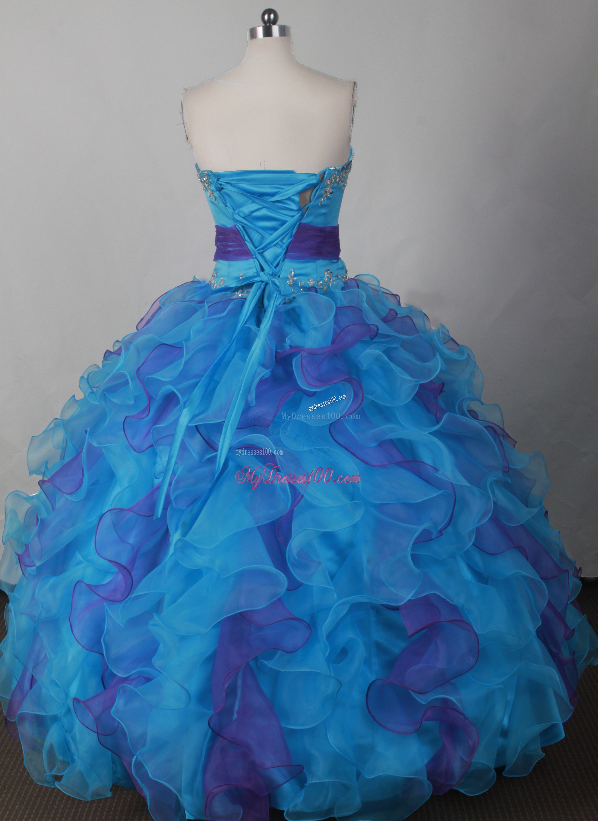 Two-toned Blue Ruffles Quince Dresses with Bowknot and Crystal