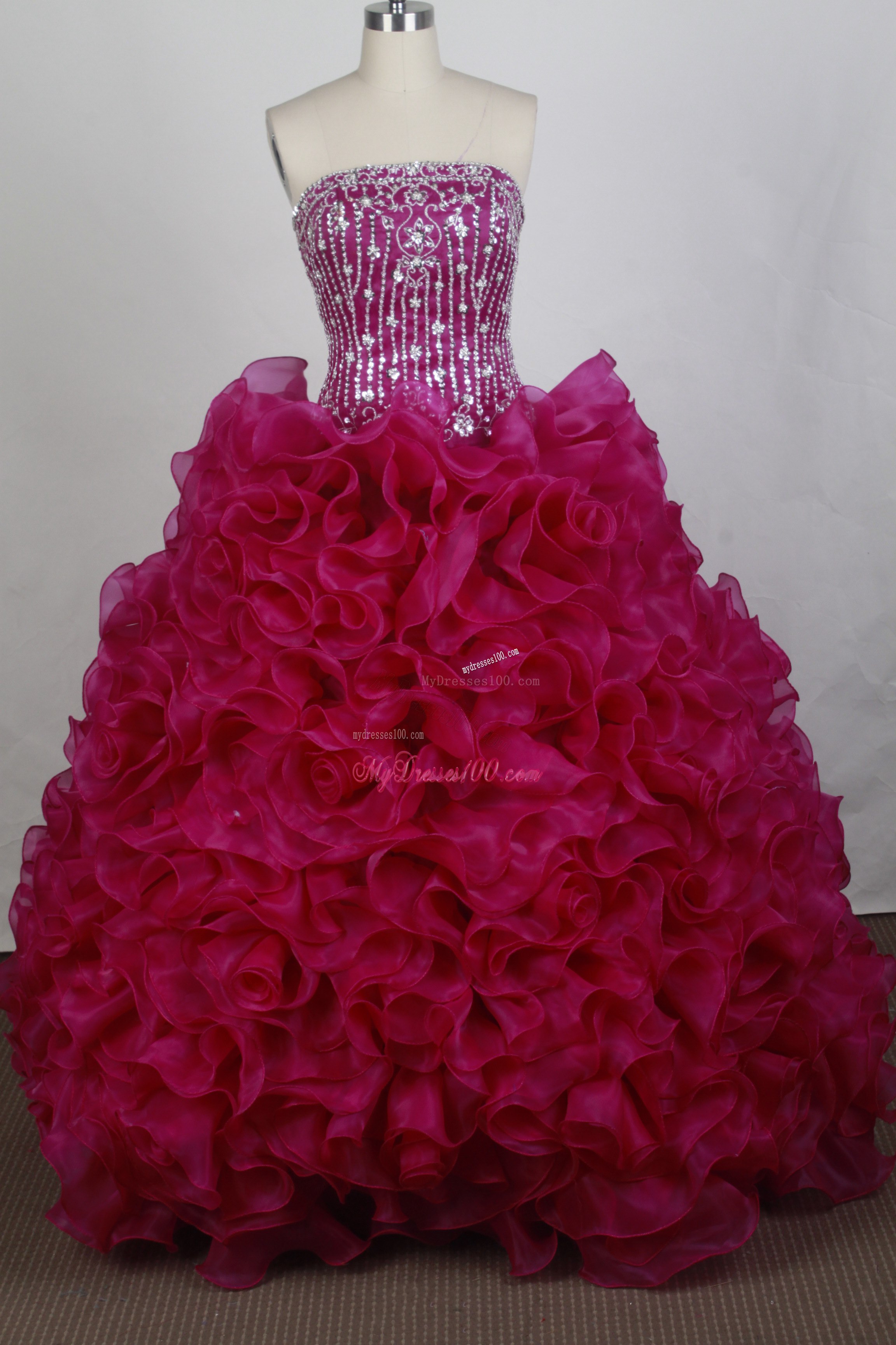 Beaded Bodice Fuchsia Quinceanera Dress with Rolling Flowers