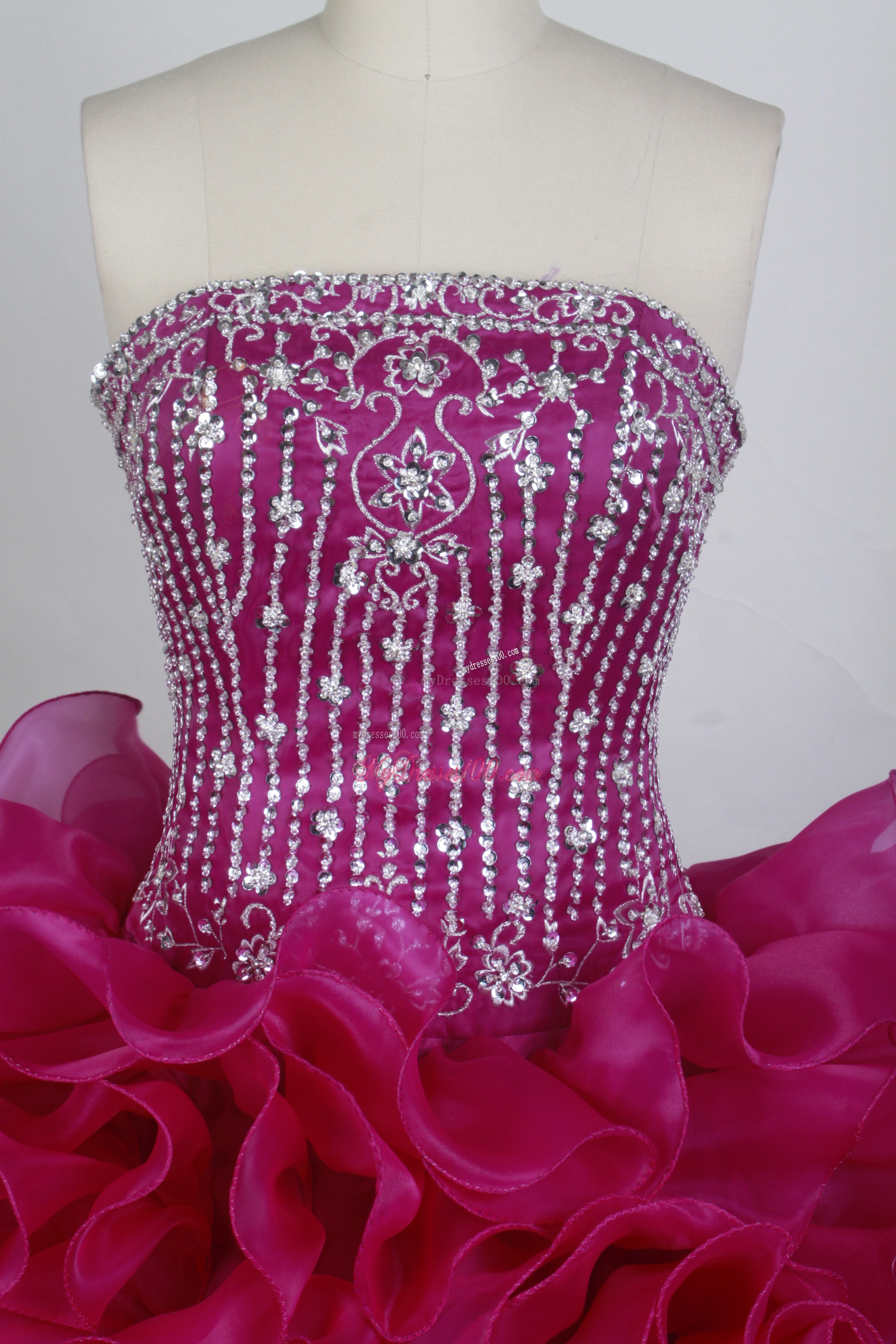 Beaded Bodice Fuchsia Quinceanera Dress with Rolling Flowers