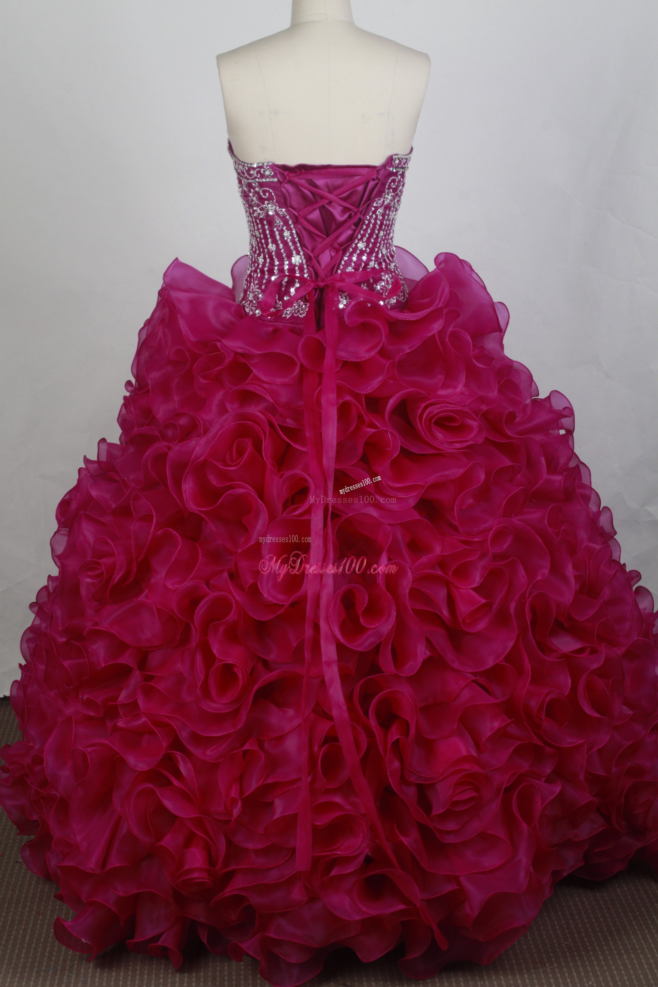 Beaded Bodice Fuchsia Quinceanera Dress with Rolling Flowers