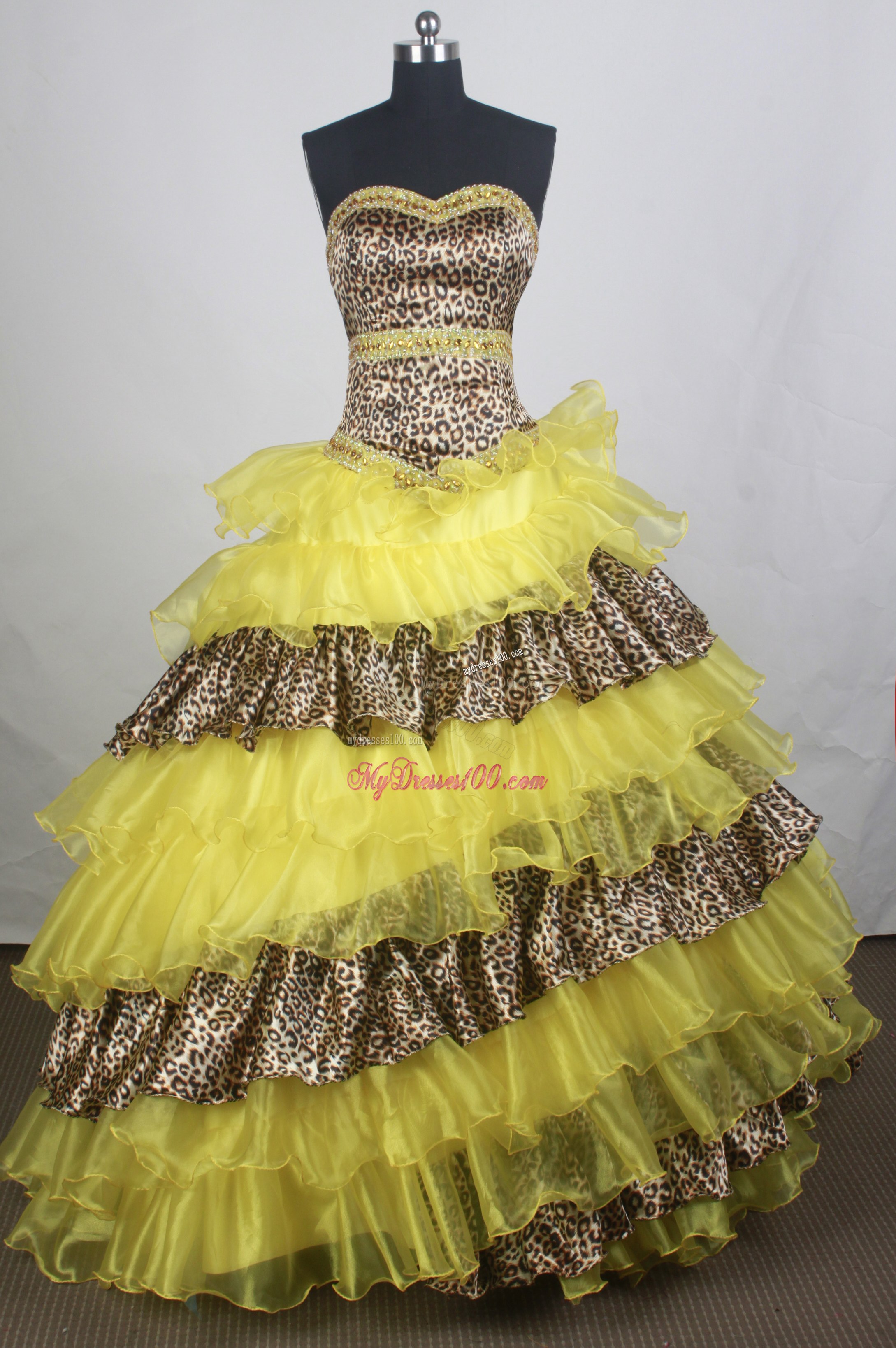 Ruffled Layers Yellow Quinceanera Gown with Leopard Print