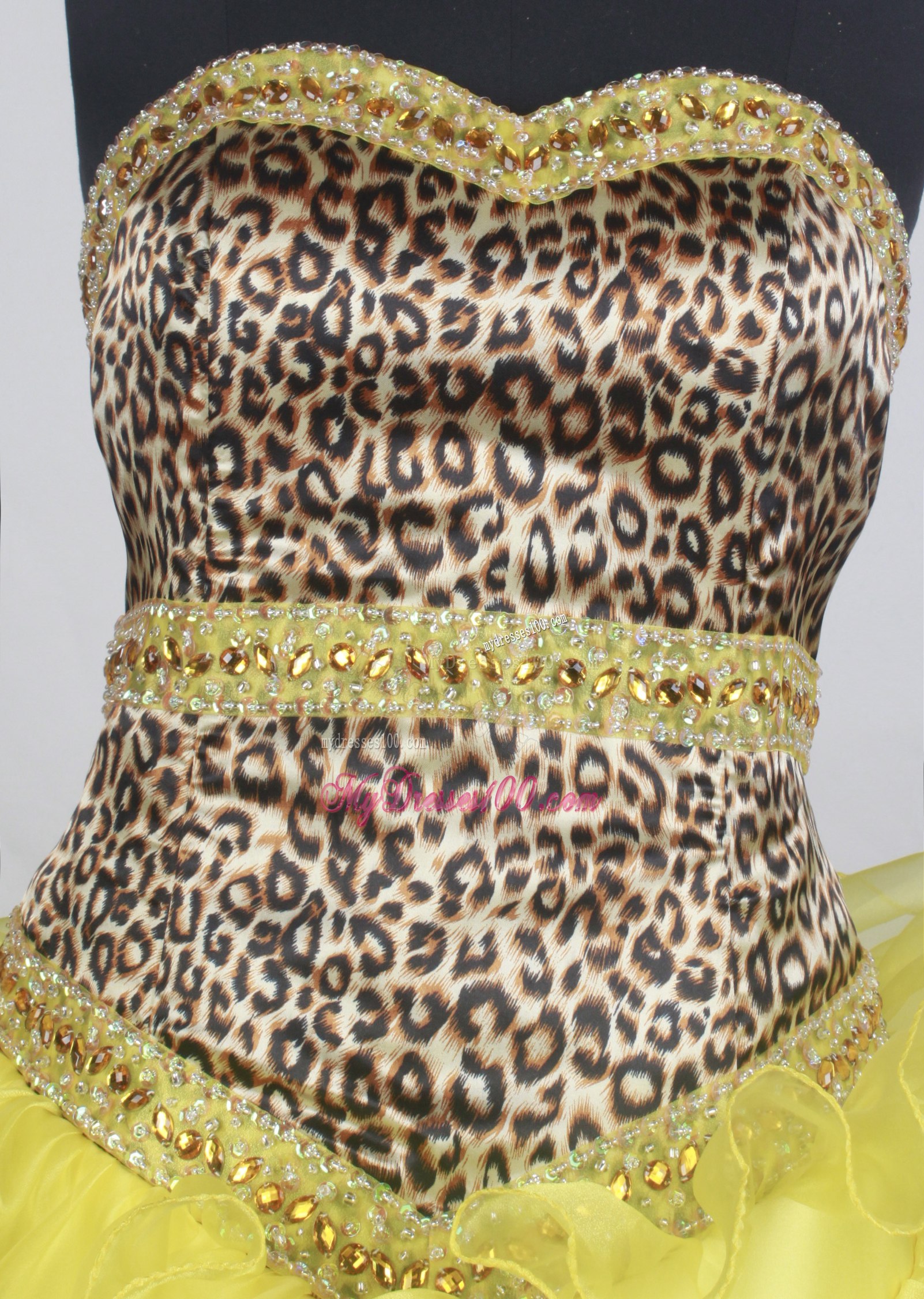 Ruffled Layers Yellow Quinceanera Gown with Leopard Print