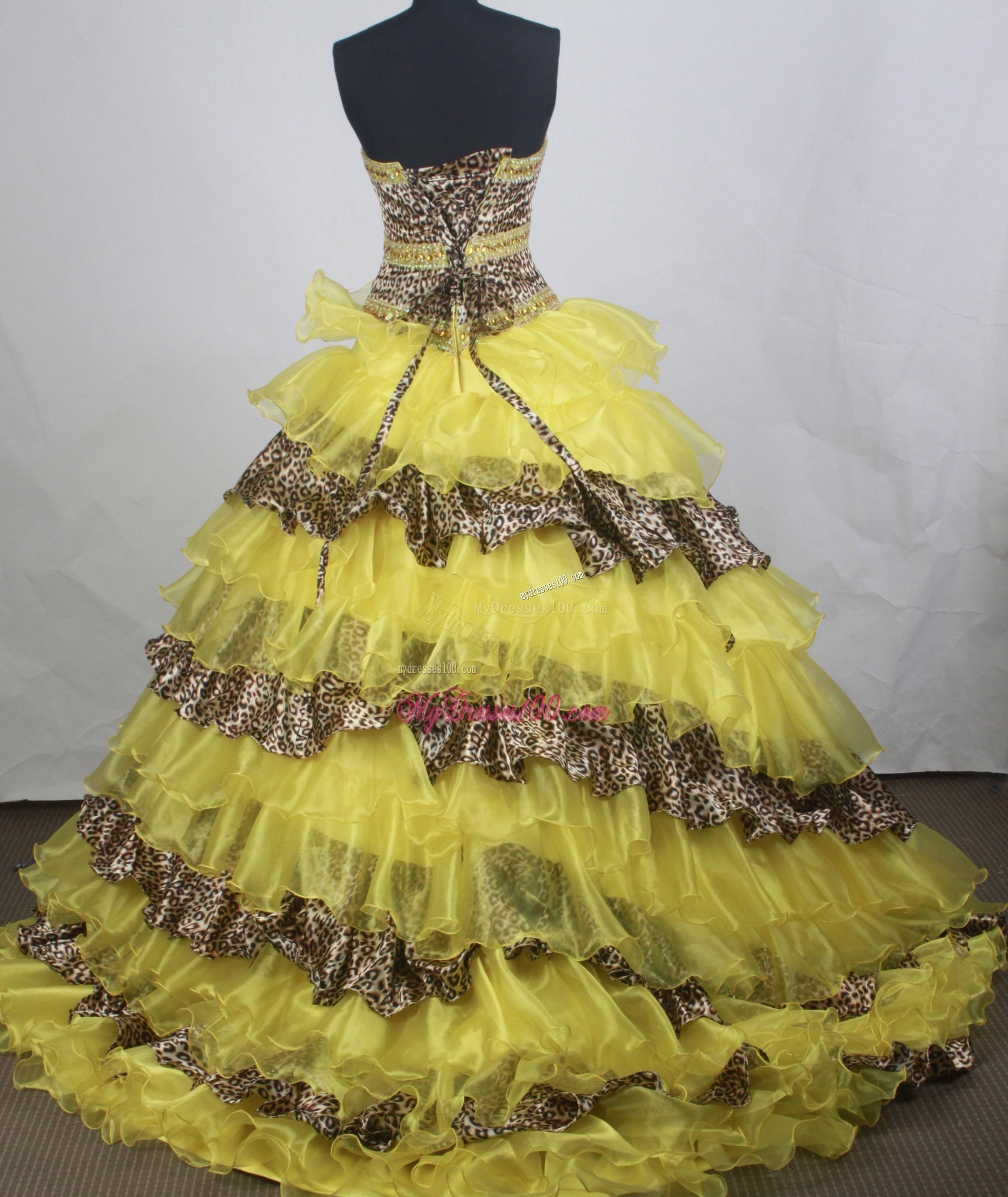 Ruffled Layers Yellow Quinceanera Gown with Leopard Print