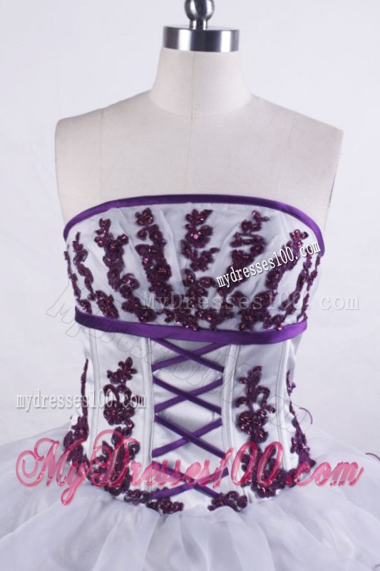 White Ruffled Layers Sweet sixteen dresses with Appliques and Purple Hemline