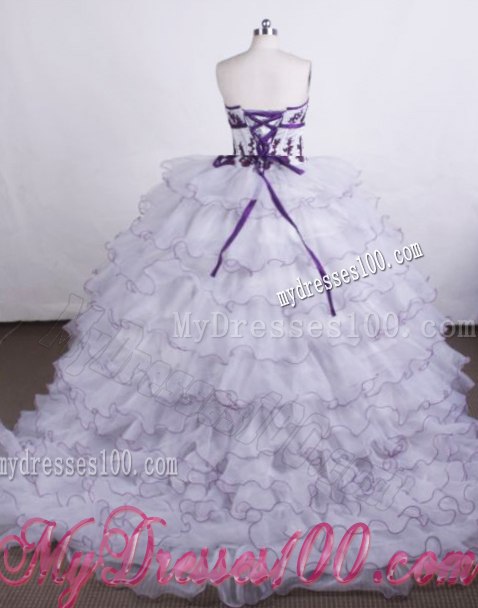 White Ruffled Layers Sweet sixteen dresses with Appliques and Purple Hemline