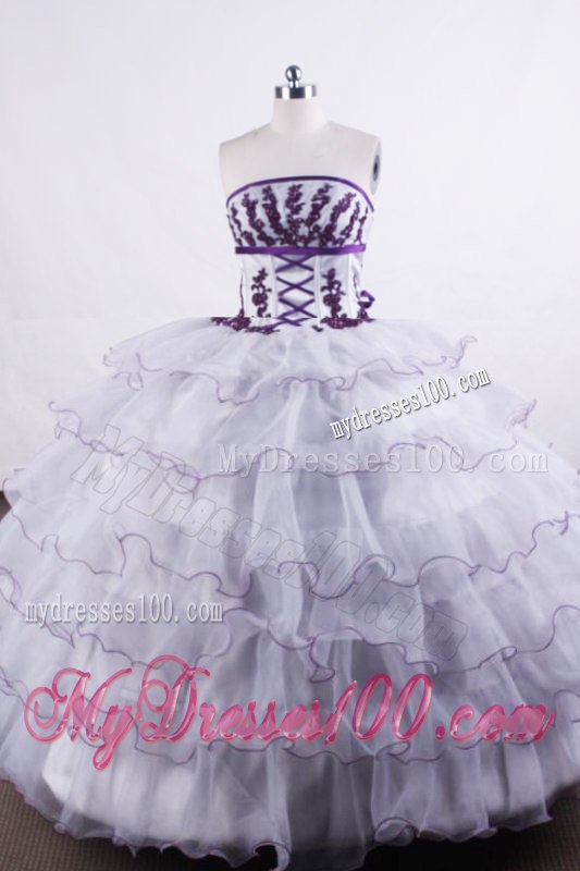 White Ruffled Layers Sweet sixteen dresses with Appliques and Purple Hemline