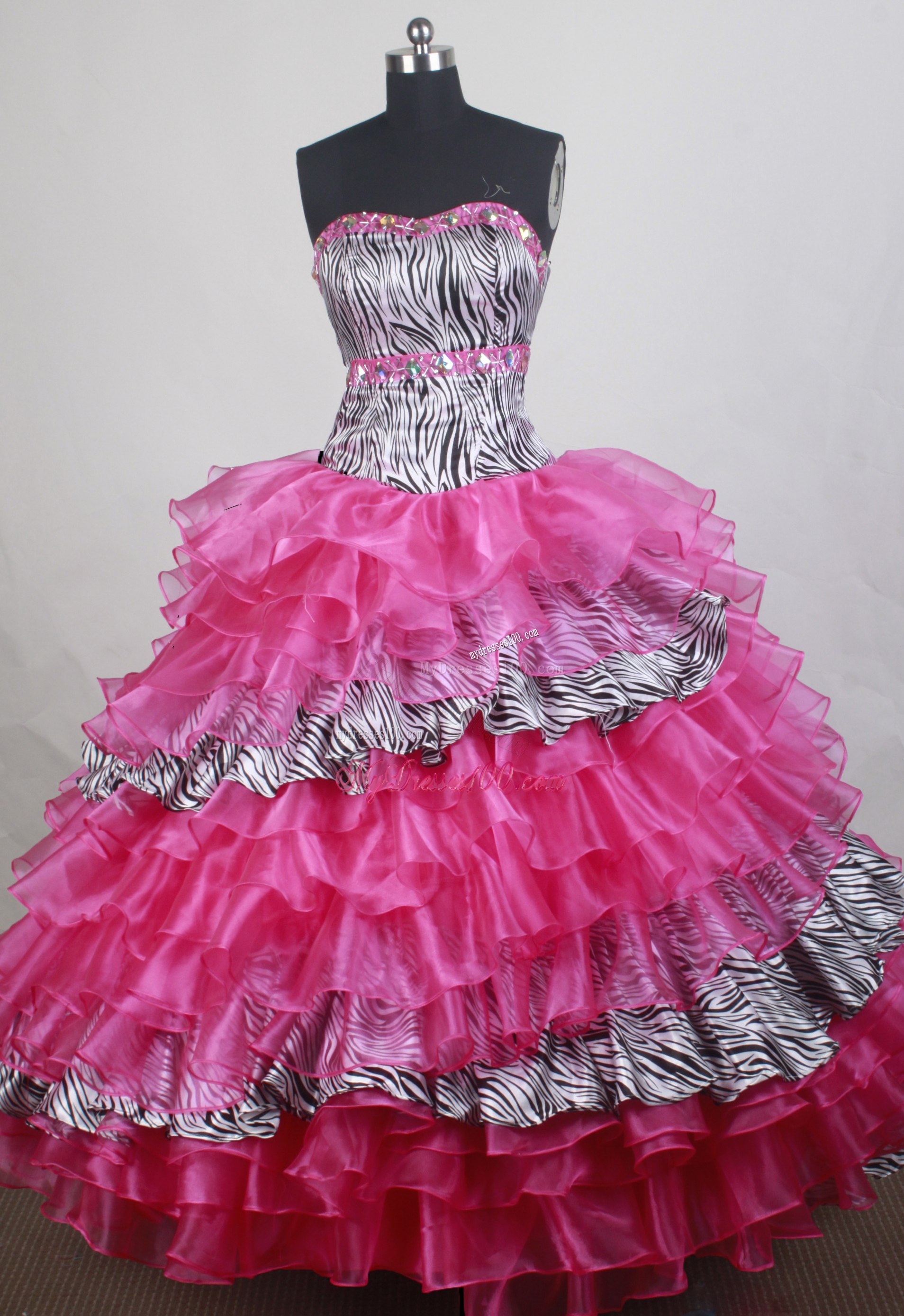 Hot Pink Quinceanera Gown with Ruffled Lauers and Zebra Print