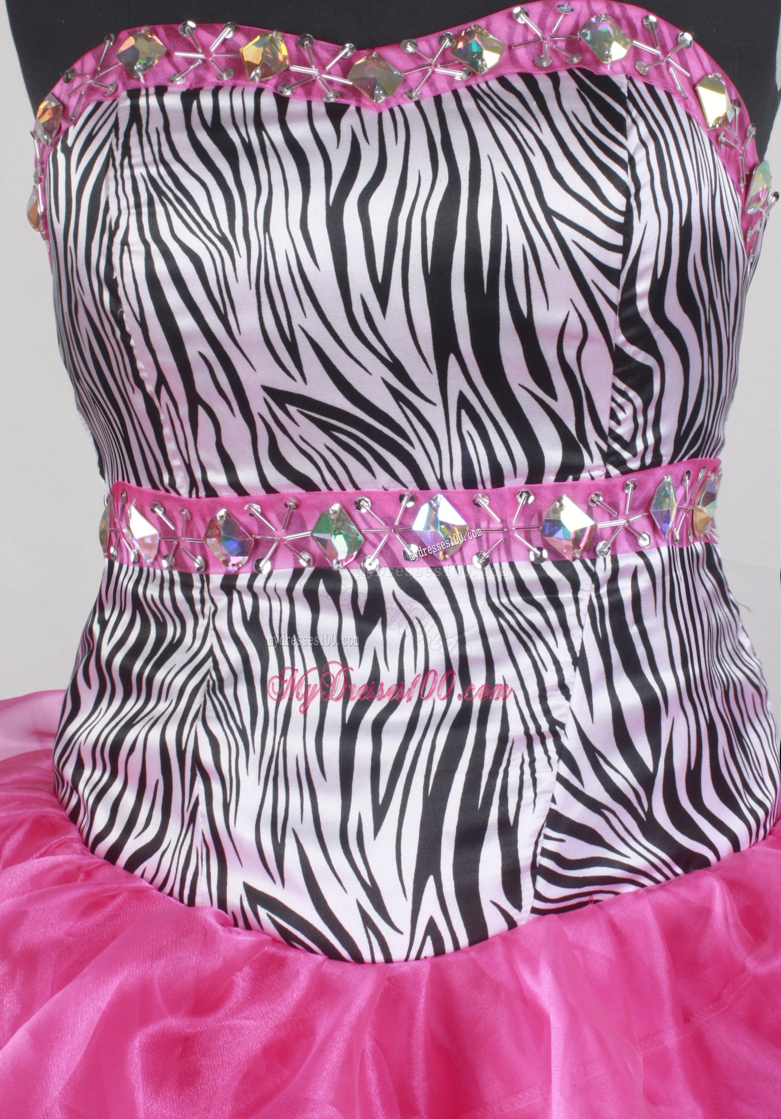 Hot Pink Quinceanera Gown with Ruffled Lauers and Zebra Print