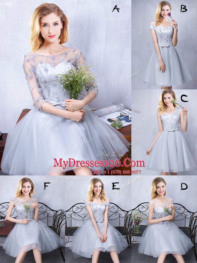 Off the Shoulder Short Sleeves Sleeveless Tulle Knee Length Lace Up Bridesmaids Dress in Grey with Lace and Appliques and Belt