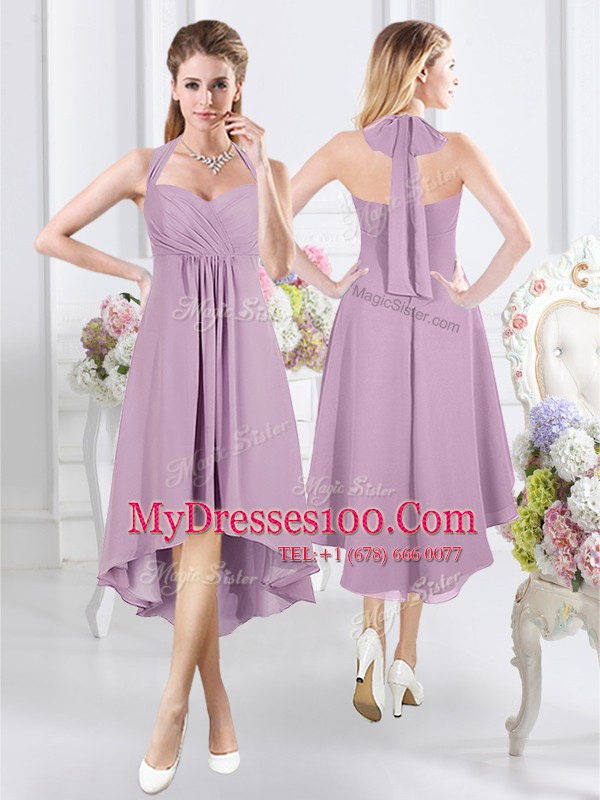 Glamorous Halter Top Sleeveless Bridesmaid Gown Knee Length Ruching Lavender Chiffon