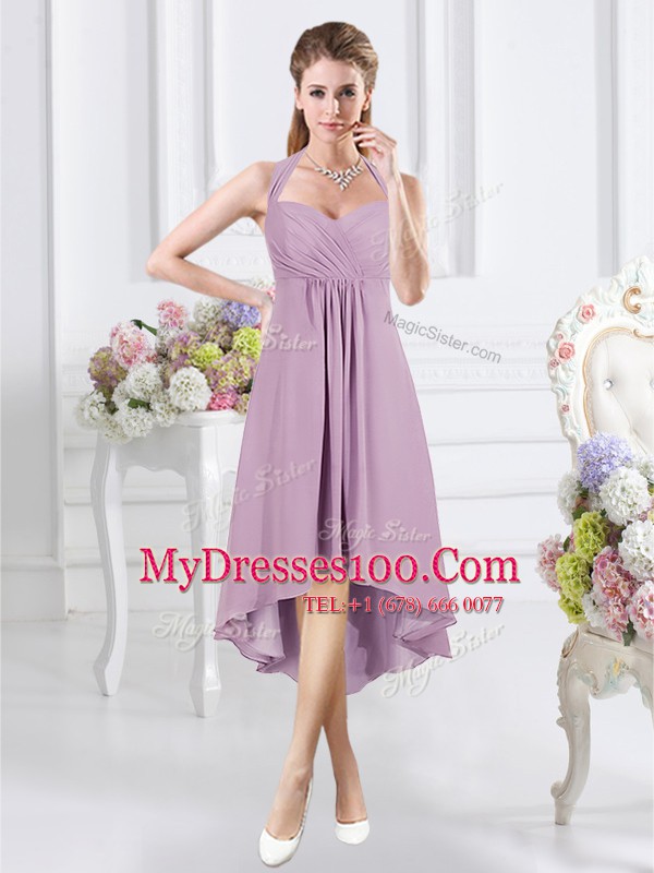 Glamorous Halter Top Sleeveless Bridesmaid Gown Knee Length Ruching Lavender Chiffon