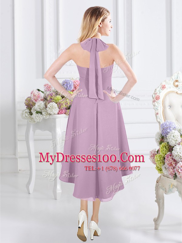 Glamorous Halter Top Sleeveless Bridesmaid Gown Knee Length Ruching Lavender Chiffon