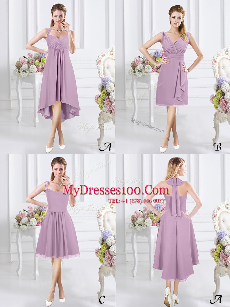 Glamorous Halter Top Sleeveless Bridesmaid Gown Knee Length Ruching Lavender Chiffon