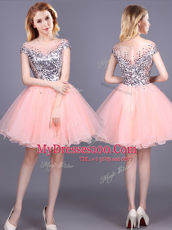 Sequins Damas Dress Pink Zipper Short Sleeves Mini Length