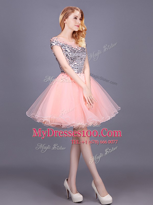 Sequins Damas Dress Pink Zipper Short Sleeves Mini Length