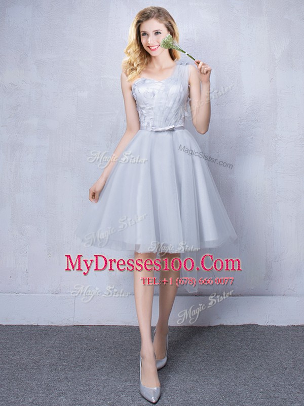 Glittering One Shoulder Grey Sleeveless Lace and Appliques and Belt Knee Length Dama Dress
