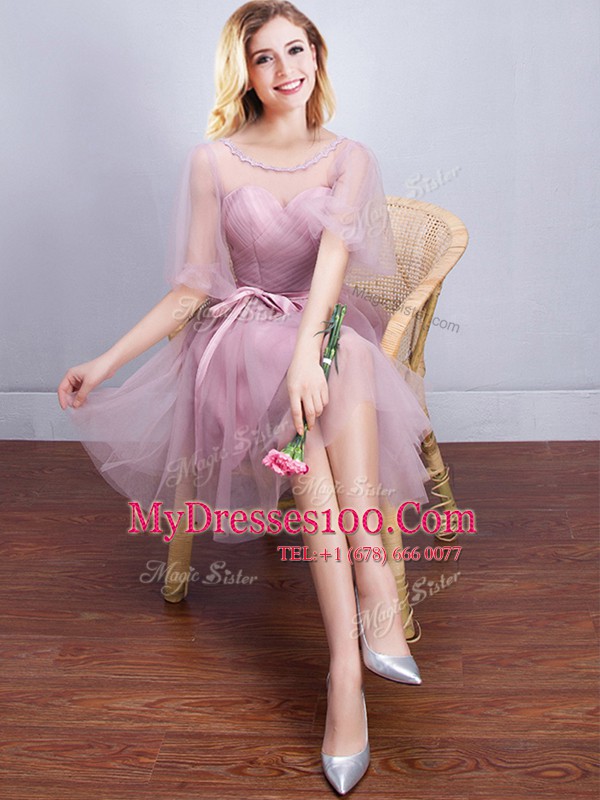 Pink Lace Up Scoop Ruching and Bowknot Bridesmaids Dress Tulle Half Sleeves