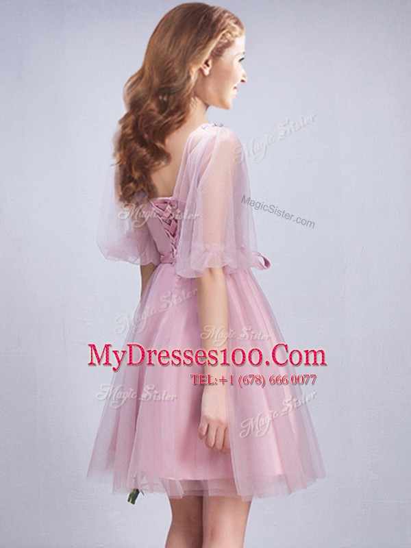Pink Lace Up Scoop Ruching and Bowknot Bridesmaids Dress Tulle Half Sleeves
