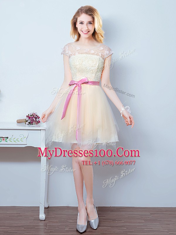 Scoop Short Sleeves Lace Up Mini Length Lace and Appliques and Ruffles and Bowknot Dama Dress for Quinceanera