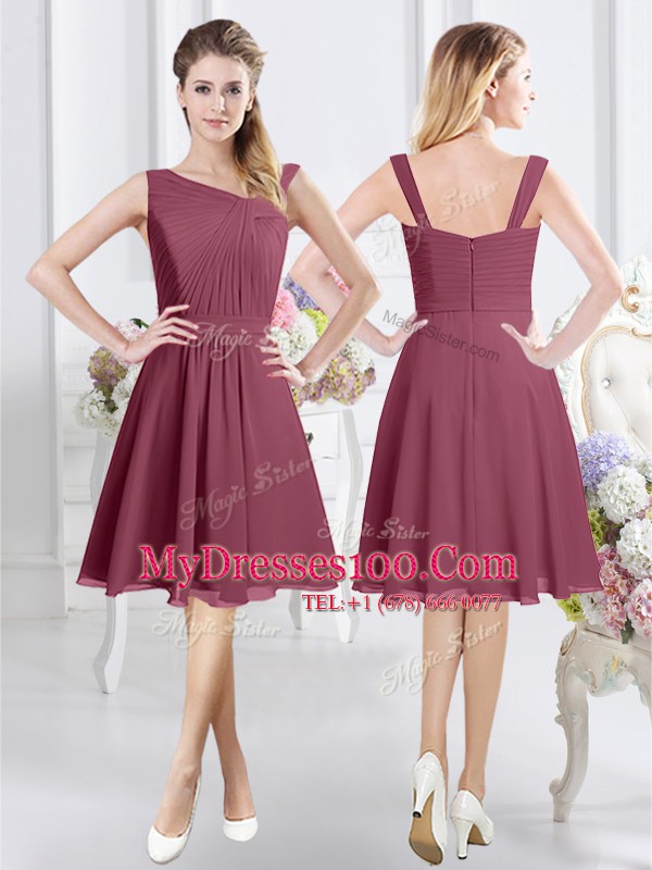 Burgundy Court Dresses for Sweet 16 Prom and Party and Wedding Party and For with Ruching Asymmetric Sleeveless Zipper