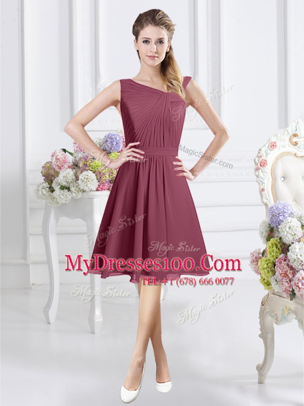 Burgundy Court Dresses for Sweet 16 Prom and Party and Wedding Party and For with Ruching Asymmetric Sleeveless Zipper