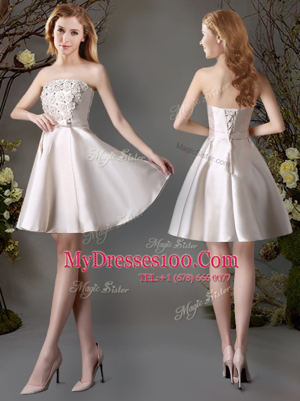 Cheap Champagne Satin Lace Up Strapless Sleeveless Mini Length Quinceanera Court of Honor Dress Appliques and Bowknot