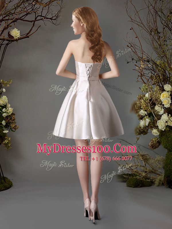 Cheap Champagne Satin Lace Up Strapless Sleeveless Mini Length Quinceanera Court of Honor Dress Appliques and Bowknot