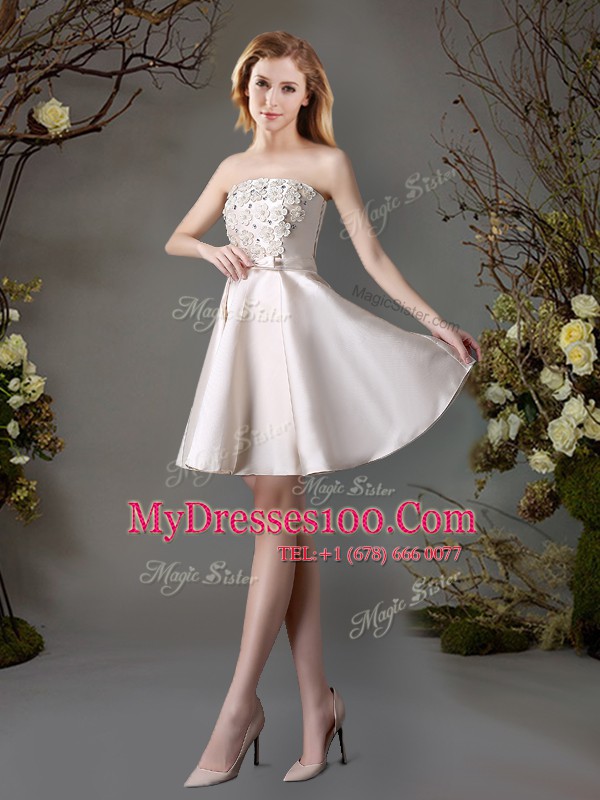 Cheap Champagne Satin Lace Up Strapless Sleeveless Mini Length Quinceanera Court of Honor Dress Appliques and Bowknot