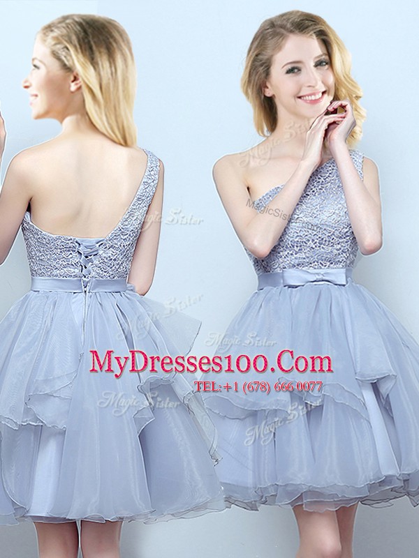 Vintage Off the Shoulder Sleeveless Lace Up Mini Length Lace and Ruffles and Belt Bridesmaid Dresses