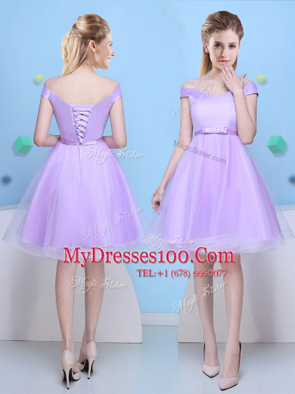 Cap Sleeves Lace Up Knee Length Bowknot Bridesmaids Dress