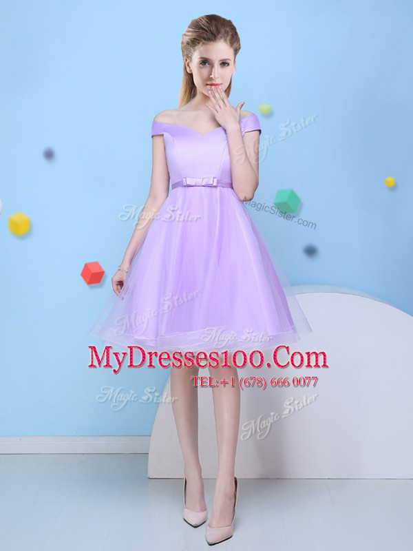 Cap Sleeves Lace Up Knee Length Bowknot Bridesmaids Dress