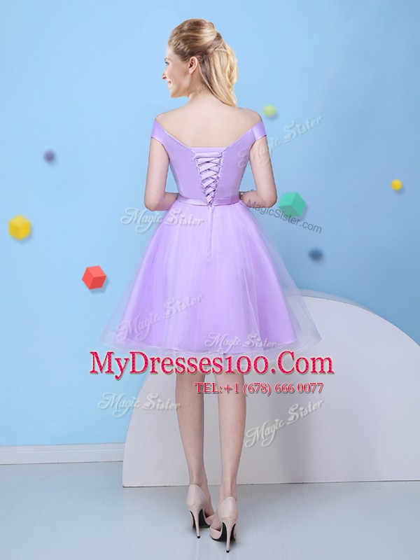 Cap Sleeves Lace Up Knee Length Bowknot Bridesmaids Dress