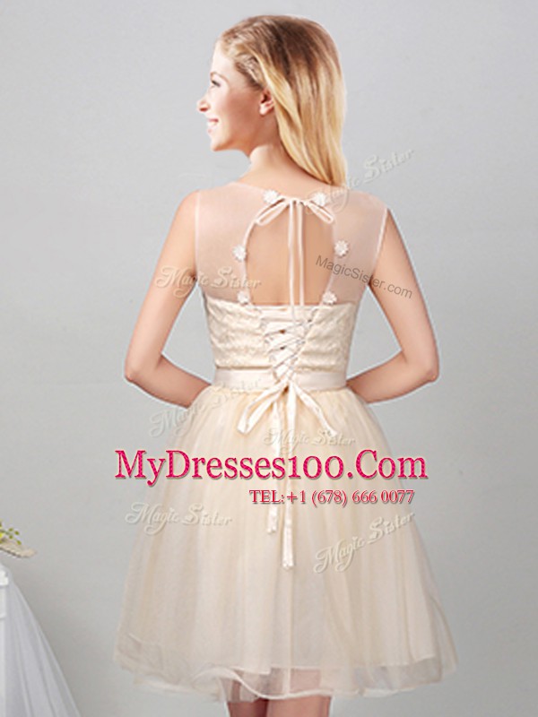 Flirting Champagne Scoop Lace Up Lace and Appliques and Belt Vestidos de Damas Sleeveless