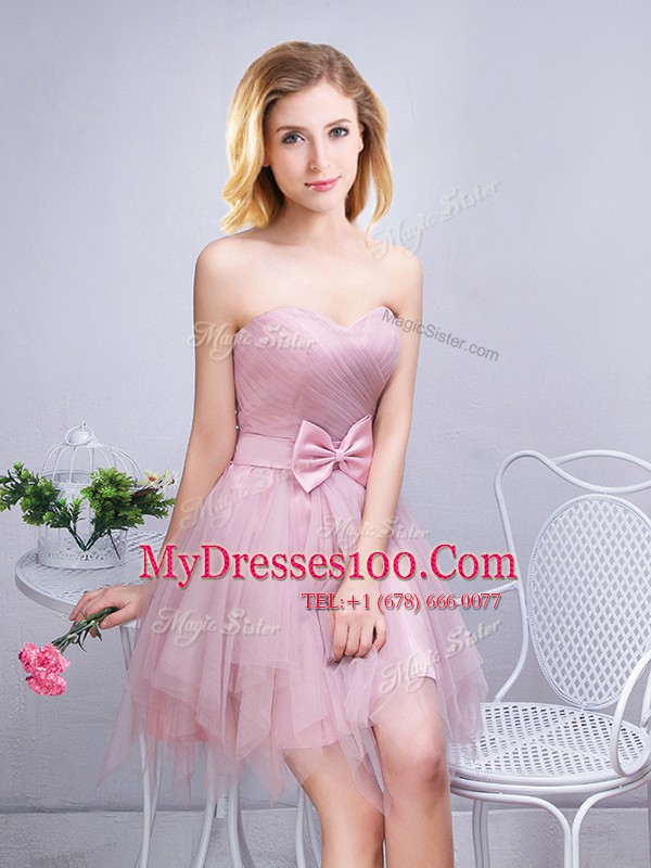 Pink Sleeveless Mini Length Ruching and Bowknot Lace Up Quinceanera Court Dresses