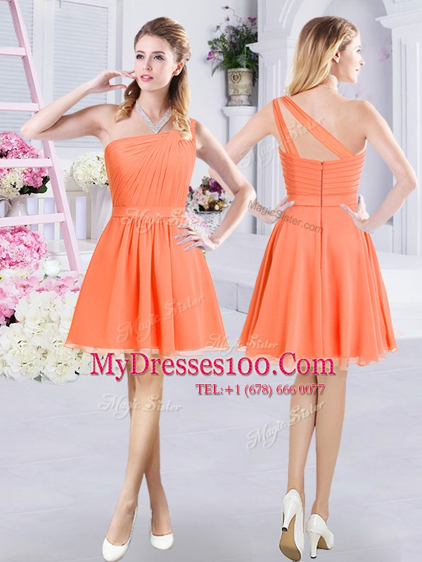Custom Designed Orange One Shoulder Zipper Ruching Quinceanera Court of Honor Dress Sleeveless