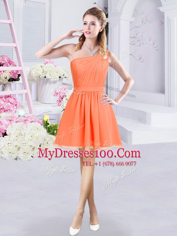 Custom Designed Orange One Shoulder Zipper Ruching Quinceanera Court of Honor Dress Sleeveless