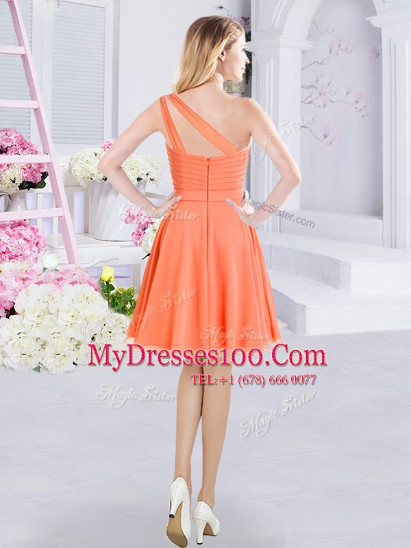 Custom Designed Orange One Shoulder Zipper Ruching Quinceanera Court of Honor Dress Sleeveless